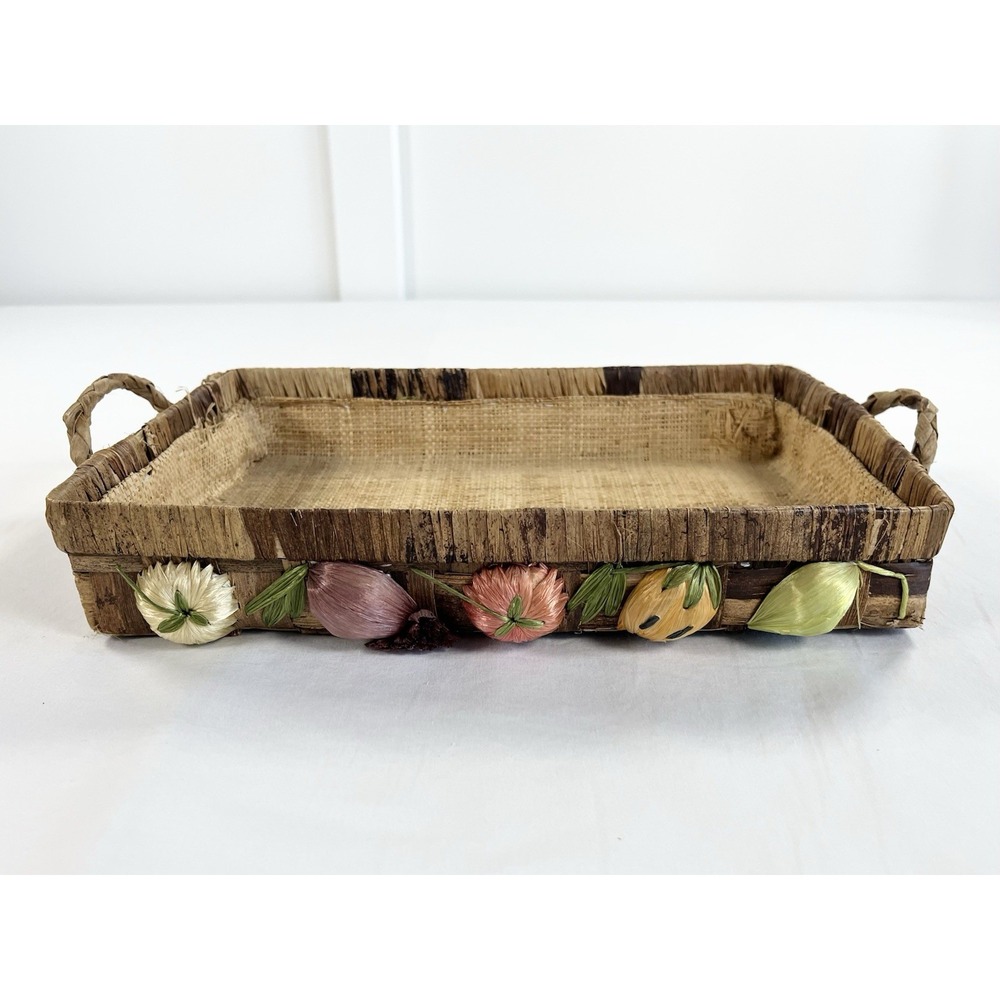 Vintage 70s Raffia Casserole Carrier Basket 3D Fruit Veggie Boho Pyrex Holder